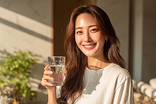 Seorang Wanita Korea Yang Cantik Tersenyum Dengan Air Di Ruang Tamu Yang Nyaman, Korea, Wanita, Tersenyum Latar Belakang untuk Unduhan Gratis